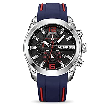 MEGIR メンズ アナログ スポーツ クロノグラフ 夜光 クォーツ 腕時計 ファッションシリコンストラップ付き ブルー - 0