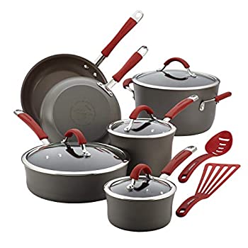 【輸入品・未使用】Rachael Ray 87630 Cucina Hard-Anodized Nonstick 12-Piece Cookware Set, Gray With Cranberry Red Handles [並行輸入品]