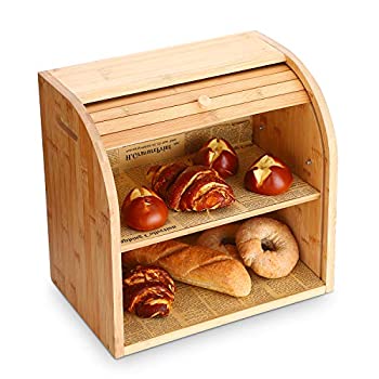 HOMEFAVOR 竹製ブレッドボックス 2層ロールトップパン収納容器 キッチン用 大容量木製パン収納ホルダー カウンタートップパンキーパー 15イ