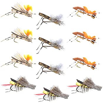 【輸入品・未使用】Trout Fly Assortment - Four Best Grasshopper Trout Dry Fly Fishing Flies Collection - 1 Dozen Flies - 4 Hopper Fly Patterns