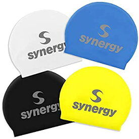 【中古】【輸入品・未使用】Synergy ラテックス スイムキャップ 4パック (ブラック/ブルー/ホワイト/イエロー 4パック)