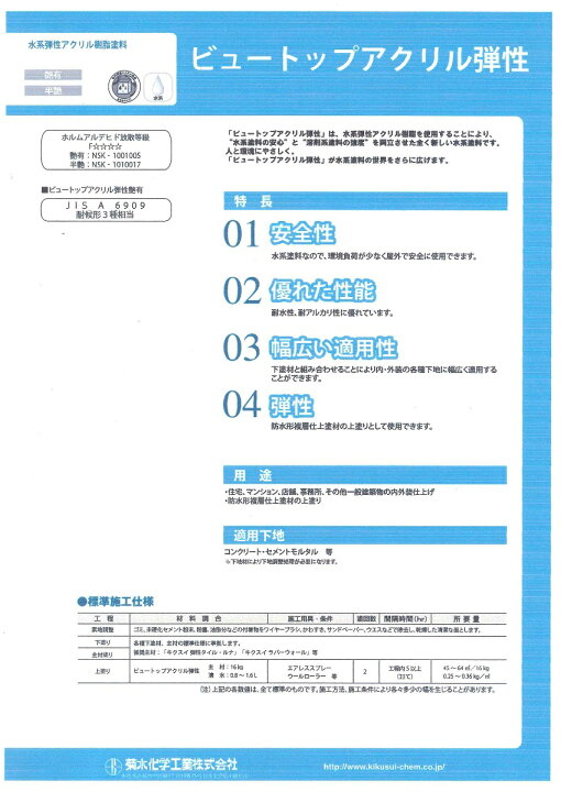 楽天市場 送料無料 菊水化学工業ビュートップアクリル弾性 淡彩色16kg ペイントライフ楽天市場店