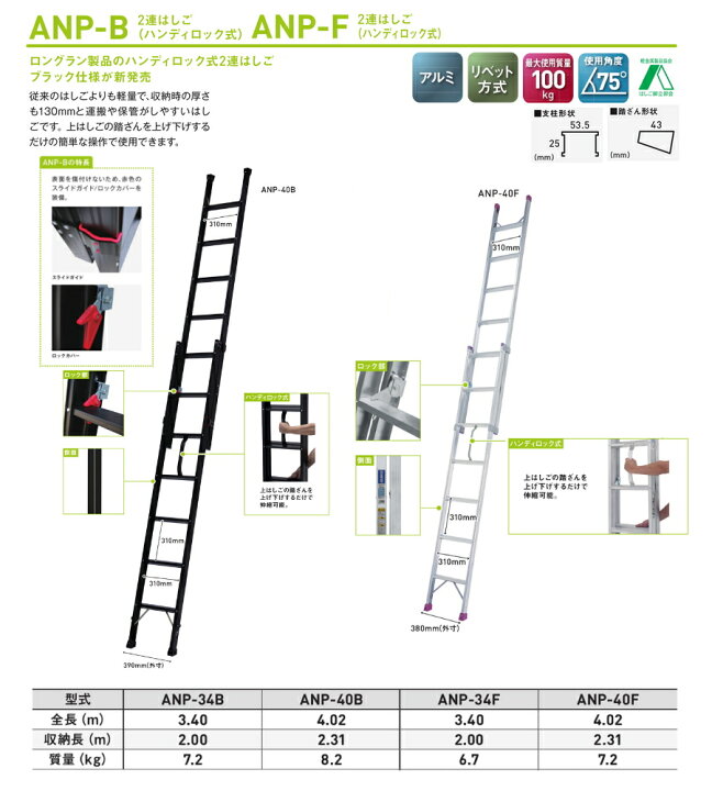 楽天市場】ALINCO アルインコ 2連はしご ハンディロック式 ANP-34B ANP 
