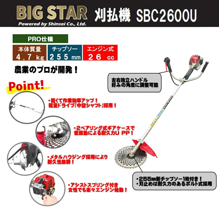 楽天市場】シンセイ SHINSEI BIGSTAR エンジン刈払機 SBC-2600U 26cc 