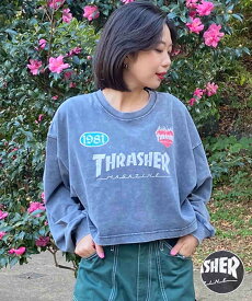 【ムラサキスポーツ限定】THRASHER スラッシャー レディース ロンT 長袖Tシャツ パウダーブリーチ加工 ショート丈 THML-24ASLS01