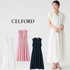 (期間限定ポイント10倍)CELFORD セルフォード リボンノースリーブワンピース cwfo242027 レディース ドレス ロング丈 フェミニン Vネック 裏地付き デイリー 女子会 デート 夏コーデ 2024夏【S10】