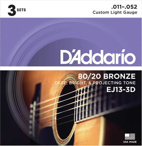 D'Addario 3-Pack Acoustic 80/20 Bronze EJ13-3D Custom Light,11-52