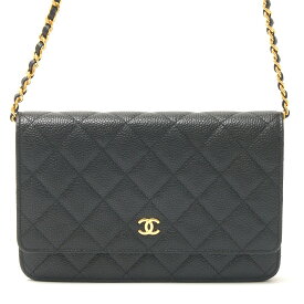 【中古】CHANEL シャネル マトラッセ チェーンウォレット 22番台 2WAY 財布 ショルダーバッグ キャビアスキン ブラック×ゴールド レディース