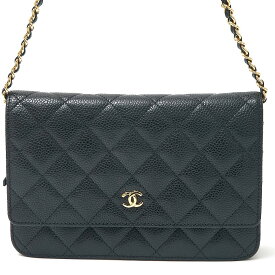 【中古】CHANEL シャネル キャビアスキン チェーンウォレット 18番台 2WAY 長財布 ショルダー クラッチバッグ ブラック×ゴールド金具 レディース