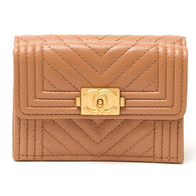 【中古】CHANEL シャネル ボーイシャネル Vステッチ 3つ折り財布 ランダム番 ミニ ウォレット キャビアスキン ブラウン×ゴールド金具 ココマーク