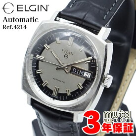 エルジン 1970年代 自動巻き デイデイト ブラック シルバー メンズ腕時計 Ref.4214 ELGIN おしゃれ 軽量 機械式 美品 腕時計 本革 レザー スーツ 通勤 カジュアル アンティーク ドレスウォッチ 実用的 稼働品 W0149