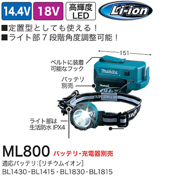 楽天市場】マキタ(makita) 充電式ヘッドライト(本体のみ) 14.4/18V ML800 : 工具屋のプロ 楽天市場店