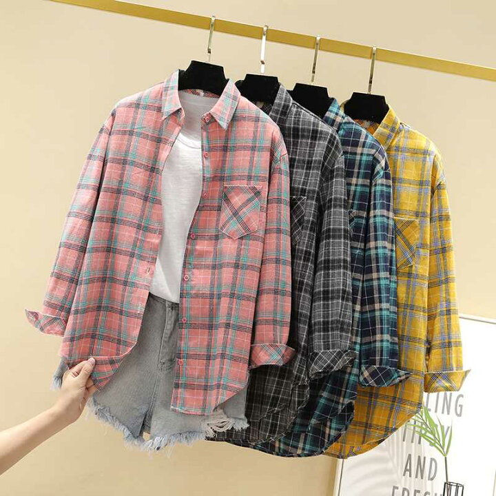 楽天市場 メ送料無料 短納期 チェックシャツ レディース トップス ネルシャツ チェック柄 コットンシャツ 刺繍シャツ ネルチェック 長袖シャツ シャツ ブラウス 綿 カットソー暖かい ボタンシャツ 厚手 カジュアル おしゃれ かわいい イエロー ネイビー 春秋冬 New Bestme