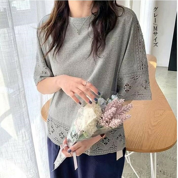 楽天市場】トップス 刺繍 レース Tシャツ カットソー 半袖 五分袖 