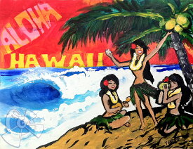 ハワイのサーフアート絵画　Aloha Hula Girls （8" x 10"） by ドリュー・トゥーンズ【Drew Toonz】