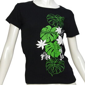 フラダンス フライス 半袖 Tシャツ タヒチアンモンステラ柄 黒×緑&白 ネコポス対応可