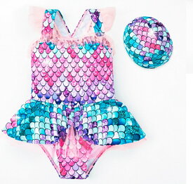 メール便送料無料 女の子 女児 帽子付き 水着 キッズ スイミングウェア プール ワンピース 水着 リトルマーメイド 人魚姫