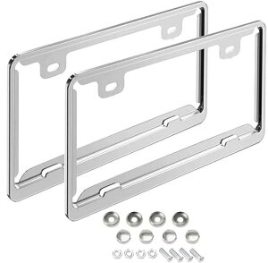 2枚セット ナンバープレートフレーム 新基準対応 フロント リア アルミニウム合金 メタリック 防錆 普通車 軽自動車に適用 車外用品 シルバーメッキ スクリューキャップ付き 耐久性 装飾ボ