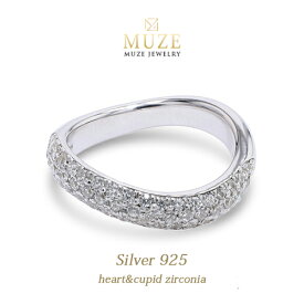 MUZE JEWELRY リング SV925 3連ハーフエタニティ ウェーブリング プラチナ仕上げ オーダーメイド シンプルリング ハートキューピッド Heart&Cupid キュービックジルコニア シルバーリング ワンポイント 刻印 名入れ 指輪 made in japan ファッションリング