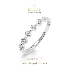 MUZE JEWELRY リング SV925 ハーフエタニティ プラチナ仕上げ オーダーメイド シンプルリング ハートキューピッド Heart&Cupid キュービックジルコニア シルバーリング ワンポイント 刻印 名入れ 指輪 made in japan ファッションリング シルバー925