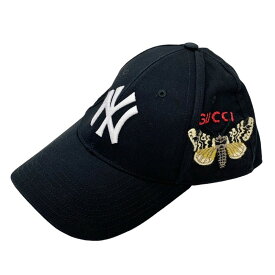 グッチ GUCCI 帽子 キャップ ニューヨークヤンキース NY バタフライパッチ ロゴ コットン ブラック シルバー ギフトプレゼント 送料無料