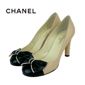 シャネル CHANEL パンプス 靴 シューズ レザー ベージュ ブラック 未使用 ココマーク リボン パール パーティーシューズ