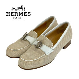 エルメス HERMES ローファー 革靴 靴 シューズ キャンバス レザー ベージュ ホワイト シルバー モカシン フラットシューズ