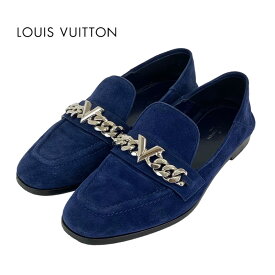 ルイヴィトン LOUIS VUITTON ローファー 革靴 靴 シューズ スエード ネイビー シルバー フラットシューズ チェーン V金具