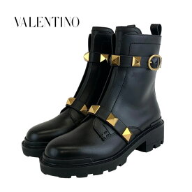 ヴァレンティノ VALENTINO ブーツ ショートブーツ 靴 シューズ レザー ブラック ゴールド 未使用 ローマンスタッズ ベルト コンバットブーツ