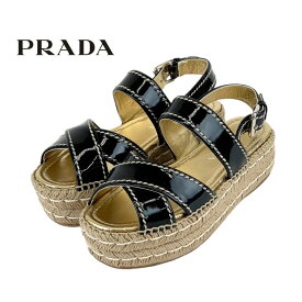 プラダ PRADA サンダル 靴 シューズ パテント ブラック ベージュ 未使用 エスパドリーユ ステッチ プラットフォーム