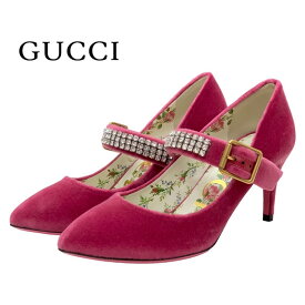 グッチ GUCCI パンプス 靴 シューズ ベロア ピンク 未使用 ビジュー ストラップ