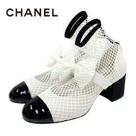 シャネル CHANEL メリージェーン パンプス 靴 シューズ メッシュ パテント ホワイト ブラック 未使用 リボン ココマーク