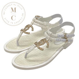 シャネル CHANEL サンダル 靴 シューズ ファブリック ホワイト 白 未使用 ツイード ココマーク ストーン トングサンダル フラットサンダル