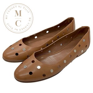 エルメス HERMES フラットシューズ 靴 シューズ レザー ブラウン シルバー パンチング セリエボタン