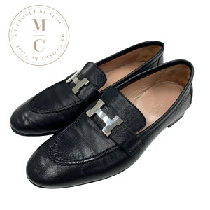 エルメス HERMES パリ ローファー 革靴 靴 シューズ レザー ブラック 黒 シルバー モカシン フラットシューズ H金具