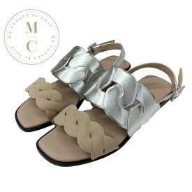 エルメス HERMES グレース サンダル 靴 シューズ レザー スエード シルバー ベージュ ストラップ フラット