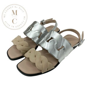 エルメス HERMES グレース サンダル 靴 シューズ レザー スエード シルバー ベージュ ストラップ フラット