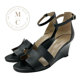 エルメス HERMES レジェンド サンダル 靴 シューズ レザー ブラック ウェッジソール アンクルストラップ