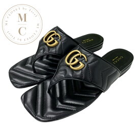 グッチ GUCCI サンダル 靴 シューズ レザー ブラック 黒 ゴールド 未使用 GGマーモント トングサンダル