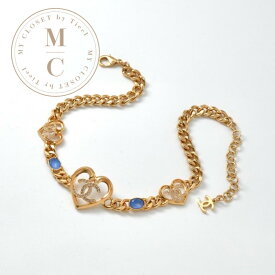 シャネル CHANEL ネックレス ペンダント チョーカー ゴールド ブルー ココマーク ハート ラインストーン チェーン