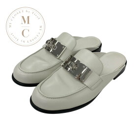 エルメス HERMES イオタ フラットシューズ 靴 シューズ レザー アイボリー シルバー ケリー金具 ミュール スリッパサンダル