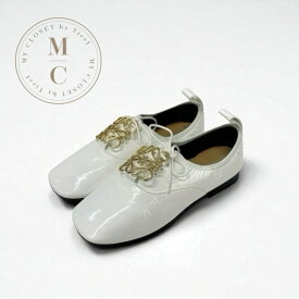 ロエベ LOEWE フラットシューズ 靴 シューズ パテント ホワイト 白 ゴールド 未使用 アナグラム ソフトダービー レースアップシューズ