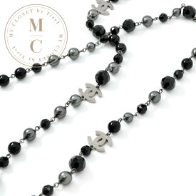 シャネル CHANEL ネックレス ペンダント チョーカー グレー ブラック ココマーク メタルパール ロングネックレス