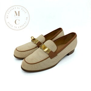 エルメス HERMES ローファー 革靴 靴 シューズ キャンバス レザー ベージュ ブラウン ゴールド ケリー金具 モカシン