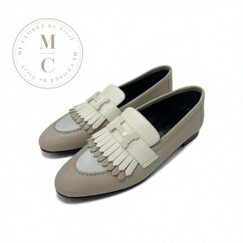 エルメス HERMES ロワイヤル ローファー 革靴 靴 シューズ レザー ベージュ グレー モカシン フラットシューズ H金具 フリンジ