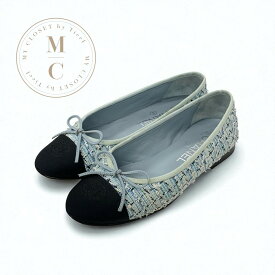 シャネル CHANEL フラットシューズ 靴 シューズ ツイード ファブリック ブルー ブラック バレエシューズ ココマーク