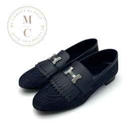 エルメス HERMES ロワイヤル ローファー 革靴 靴 シューズ デニム レザー ネイビー シルバー H金具 フリンジ モカシン フラットシューズ