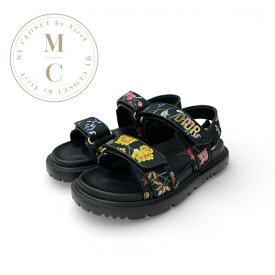 クリスチャンディオール CHRISTIAN DIOR DIORACT サンダル 靴 シューズ テクニカルファブリック レザー マルチカラー ブラック ゴールド 花柄刺繍 ロゴ ベルクロストラップ 未使用
