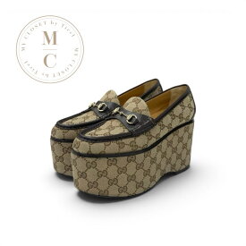 グッチ GUCCI ローファー 革靴 靴 シューズ キャンバス レザー ベージュ ブラウン GGキャンバス ホースビット プラットフォーム 厚底