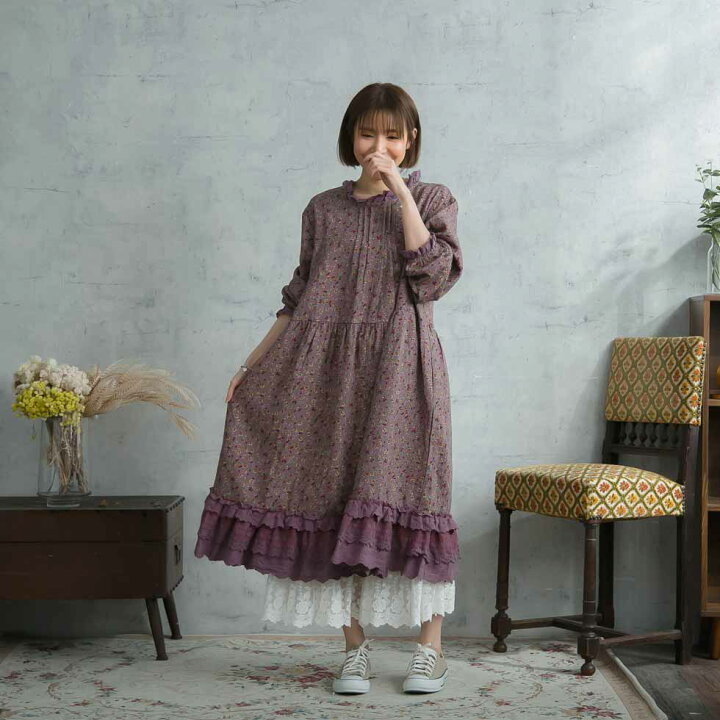 楽天市場 完売御礼 小花柄ワンピース 北欧風 レトロ アンティーク調 全2色 パープル 紫色 長袖 リネン100 麻100 ヘンプ100 天然素材 大人ワンピース 花柄 春服 春物 春用 春夏 夏服 夏物 夏用 Mycloset